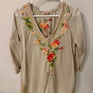 Johnny Was Georgette Embroidered Grey Floral Boho Blouse